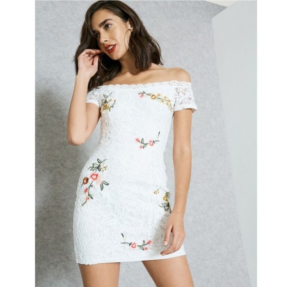 Forever 21 Lace Embroidered Bardot Dress, White, M - Picture 1 of 8